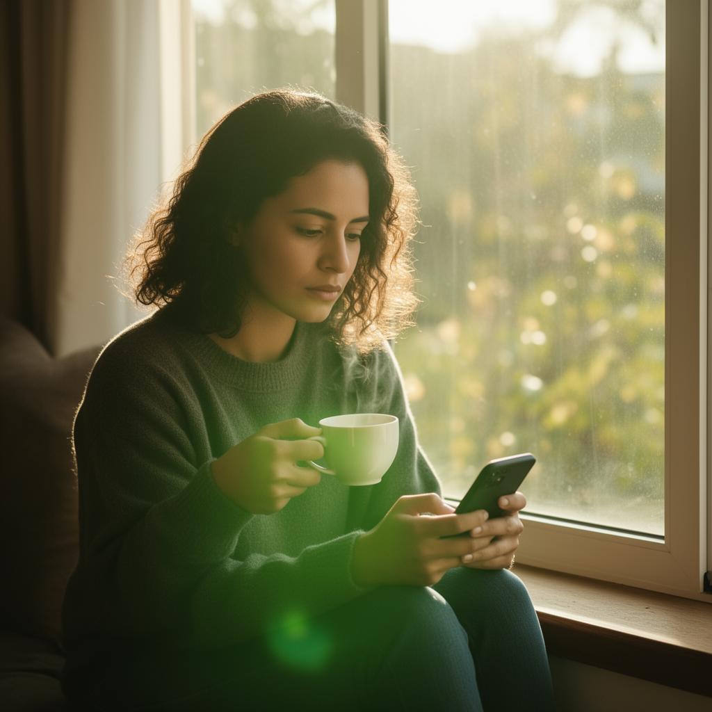 Mulher reflexiva conversando com seu Equylib AI pela janela